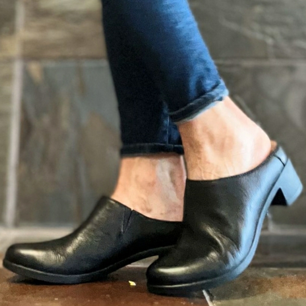 Rush Hour, genuine leather, black wedge slip on clogs. size 7 1/2
